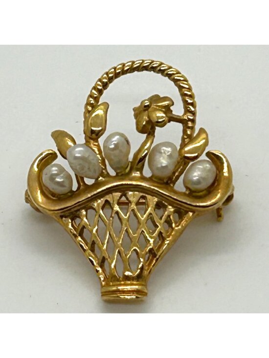 Estate Jewelry - Vintage Gold-Tone Flower Basket Brooch Freshwater Pearl Filigree Retro Floral